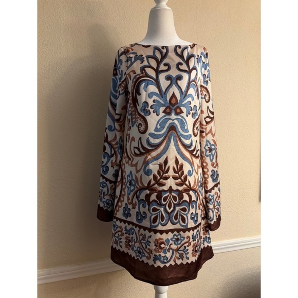 Petal and Pup Ivory Brown Blue Scroll Print Satin Bell Sleeve Mini Dress S